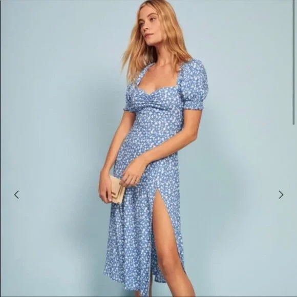 Reformation Lacey Dress Marie Blue White Floral Midi Floral 10 slit cap smock ml - Picture 1 of 12